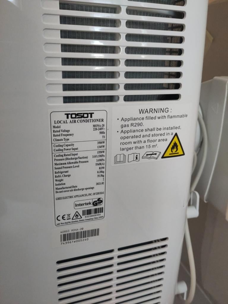 Tosot Mona 20 mobiele airco 3,5kW met wifi, Witgoed en Apparatuur, Ophalen, Energieklasse A of zuiniger, 3 snelheden of meer, Zo goed als nieuw