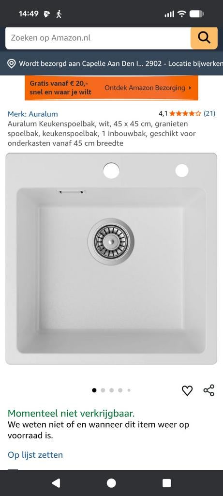 Nieuwe Auralum gootsteen 45x45 cm wit kunststof met goot, Ophalen, Nieuw