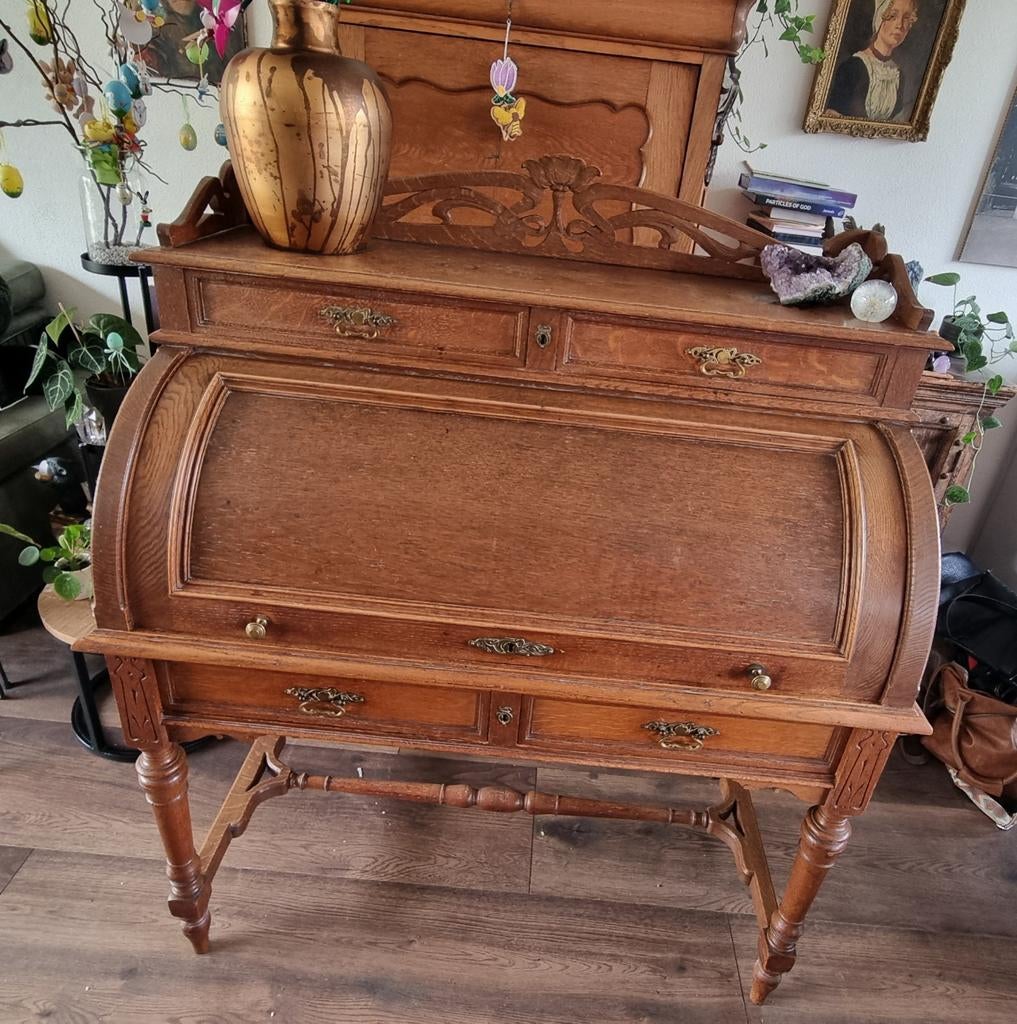 Art nouveau jugendstil eiken rolluik buro bureau, Ophalen, Zo goed als nieuw