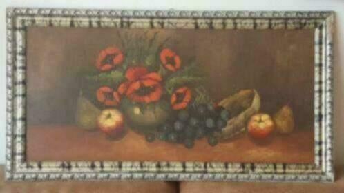 Schilderij Olieverf op hout klaprozen en fruit stilleven, Antiek en Kunst, Ophalen