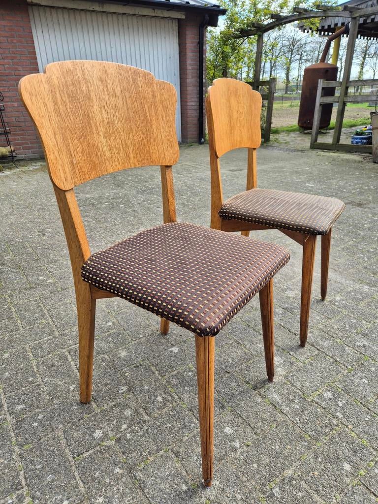 2 stoelen hout met gestoffeerde zitting, Huis en Inrichting, Stoelen, Ophalen, Gebruikt, Twee, Bruin