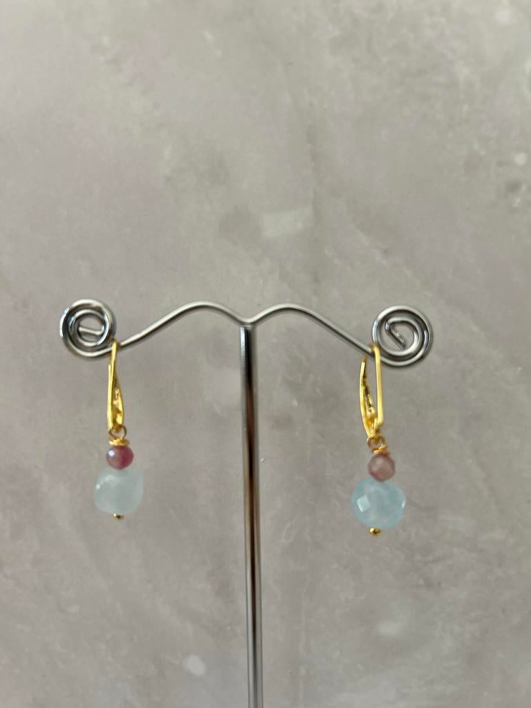 Gouden Oorbellen met Aquamarijn en Toermalijn, Sieraden, Tassen en Uiterlijk, Hangers, Verzenden, Zo goed als nieuw, Met edelsteen
