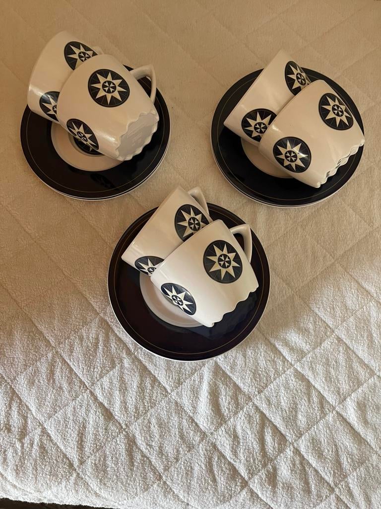 6 kop en schotel MEPAL. Wit met blauw, Caravans en Kamperen, Kampeeraccessoires, Ophalen, Gebruikt