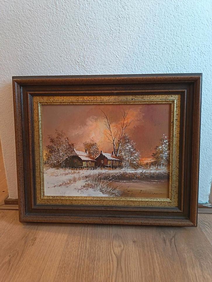 Schilderij Winterlandschap met Huizen - Gesigneerd, Antiek en Kunst, Kunst | Schilderijen | Klassiek, Ophalen of Verzenden
