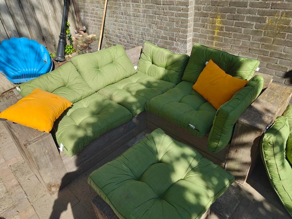 Hoekbank steigerhout met kussens 2x2 meter, Ophalen, Gebruikt, 6 zitplaatsen, Steigerhout