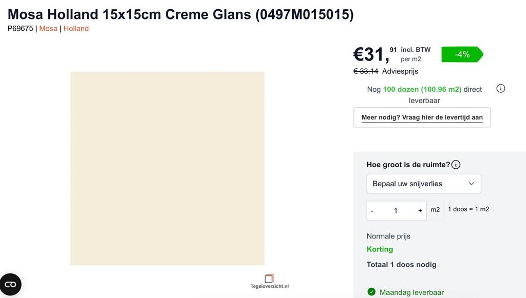 Mosa 15x15 Gebroken Wit Tegels - 10 m² beschikbaar, Nieuw, Ophalen of Verzenden, Minder dan 20 cm, 10 m² of meer