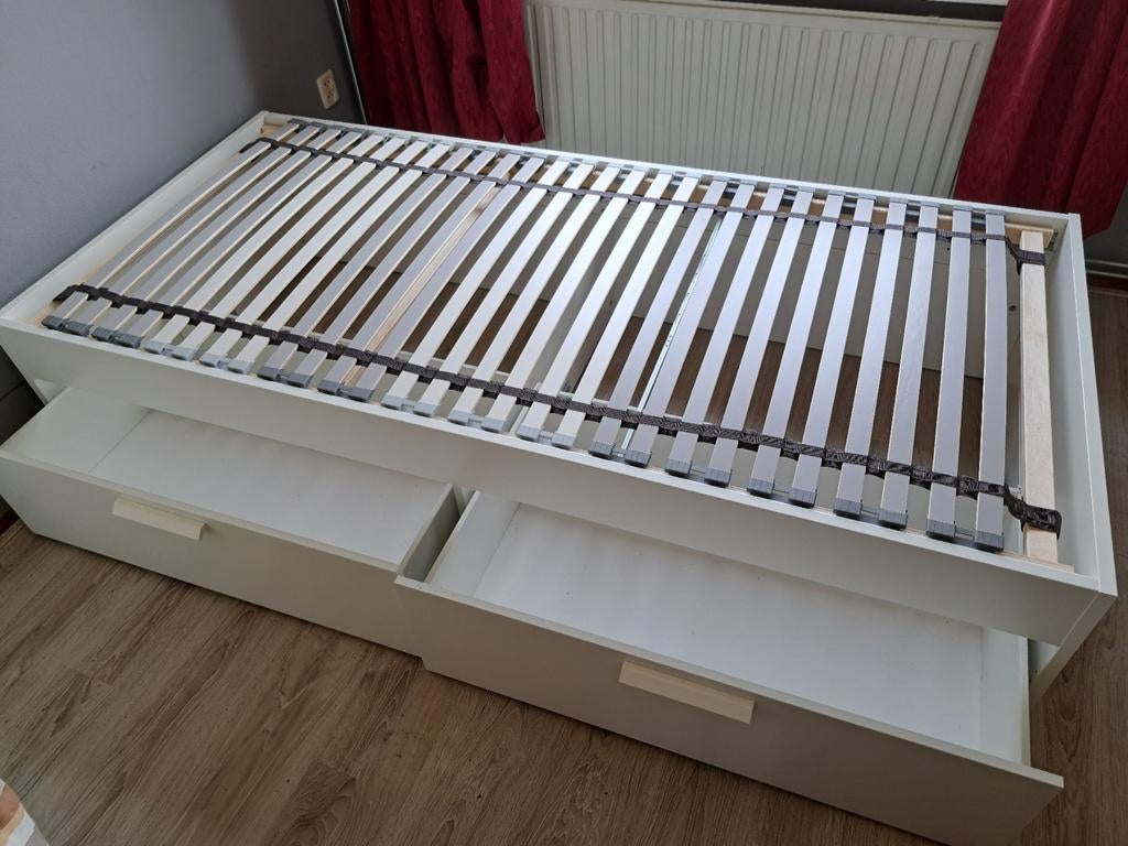IKEA BRIMNES Bedframe 90x200 – NIEUW met 2 opberglades, Ophalen, 90 cm, Eenpersoons, Wit
