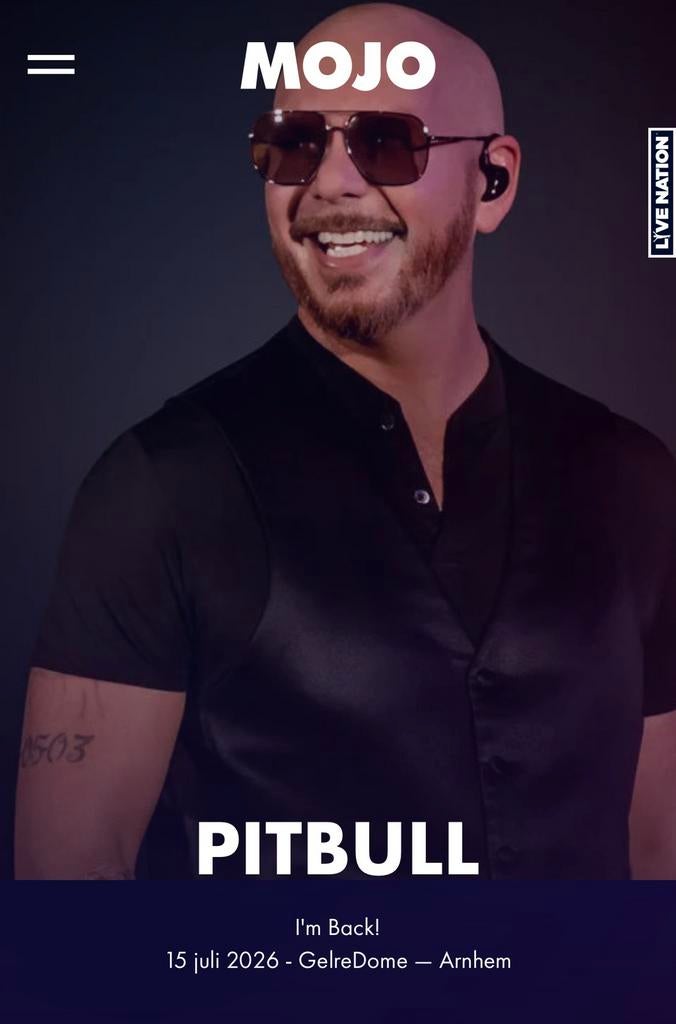 4 kaarten voor het concert van  pitbull, 15 juli gelderdrome, Drie personen of meer, Juli, Pop