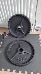 2x 15 kg gietijzeren 50mm olympische halterschijf, Ophalen, Zo goed als nieuw, Rug, Halterschijven