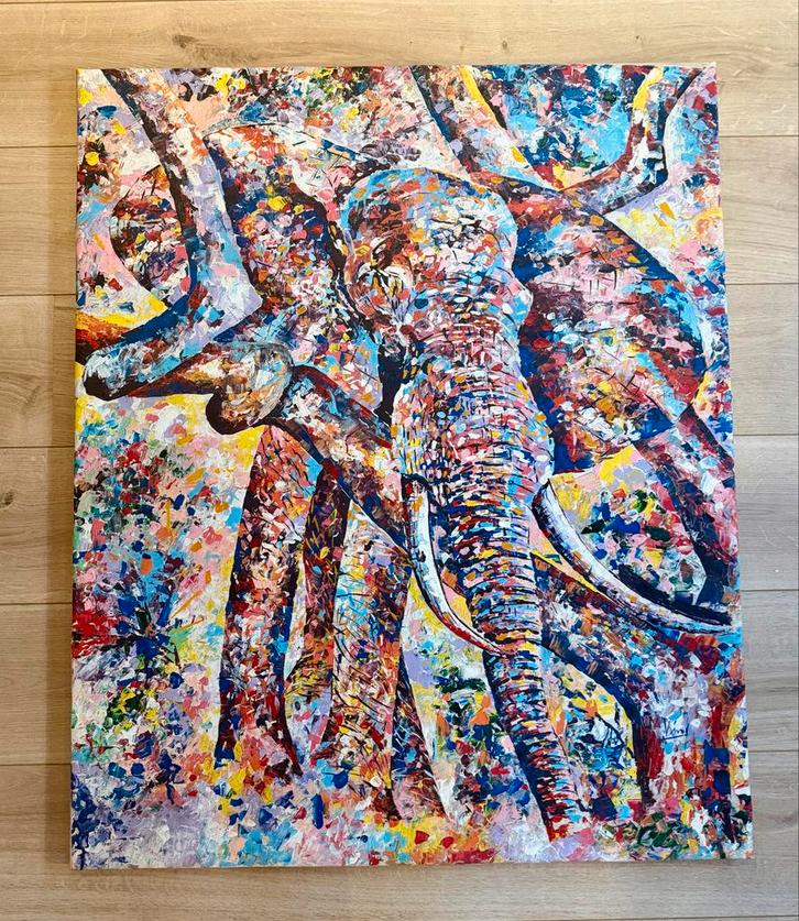 Prachtig schilderij van een olifant uit Uganda, Antiek en Kunst, Kunst | Schilderijen | Klassiek, Ophalen