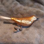 B884 oude kerstbal vogel goud op knijper met staart 13 cm, Diversen, Kerst, Ophalen of Verzenden, Gebruikt