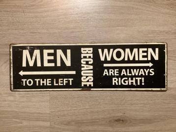 Vintage XXL bord MEN LEFT, WOMAN ALWAYS RIGHT geen emaille beschikbaar voor biedingen