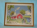 Vintage ingelijst borduurwerk Zweedse stuga, echt Småland!, Ophalen of Verzenden