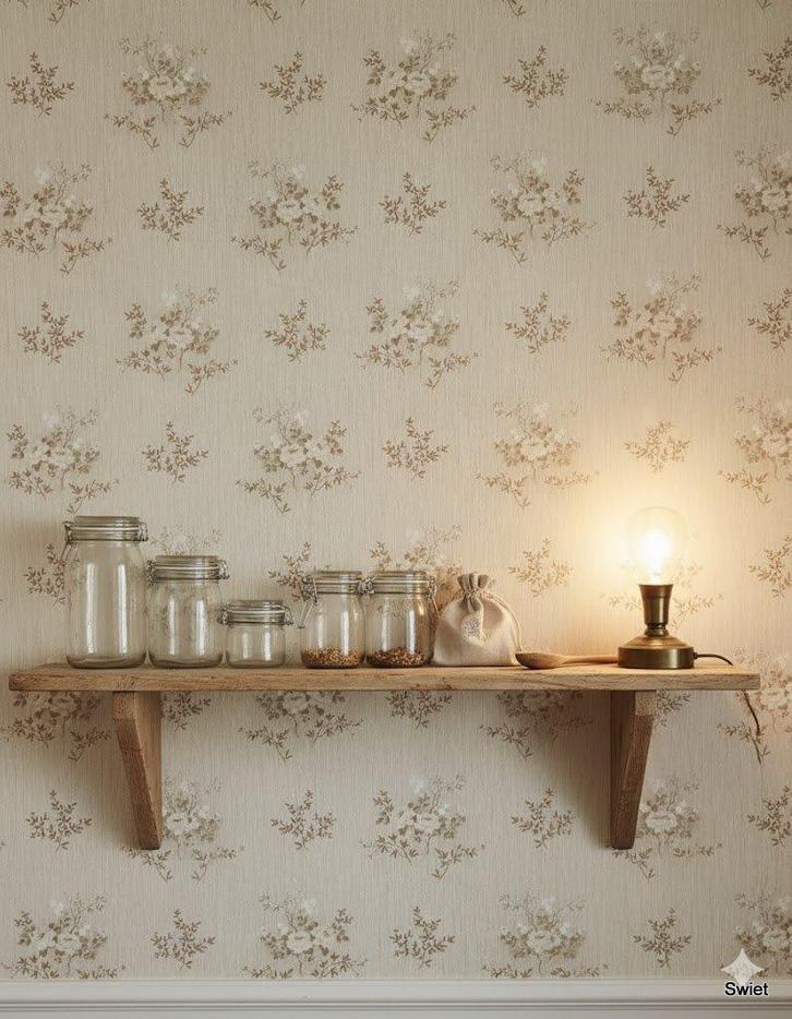 6817 Vintage behang bloemetjes  jutelook zand crème swiet, Huis en Inrichting, Stoffering | Behang, minder dan 10 m², Ophalen of Verzenden
