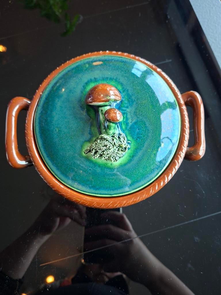 Antieke Tellurite Belgische Keramiek Schaal met Deksel, Ophalen of Verzenden