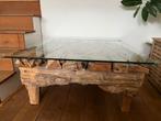 Glazen salontafel van drijfhout, Huis en Inrichting, Tafels | Salontafels, Ophalen, Gebruikt, Glas, Vierkant