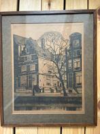 Ets Twee huizen aan gracht 21 cm x 26 cm, Antiek en Kunst, Kunst | Etsen en Gravures, Ophalen of Verzenden