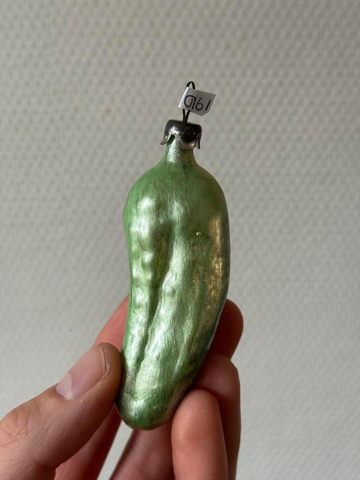 Antieke Vintage Kerstbal Glazen Groene Augurk, Groente Bal, Diversen, Kerst, Gebruikt, Ophalen of Verzenden