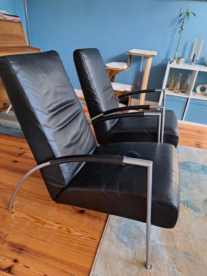 Twee zwarte Harvink fauteuils, Huis en Inrichting, Fauteuils, Gebruikt, Leer, 50 tot 75 cm, 75 tot 100 cm, Ophalen