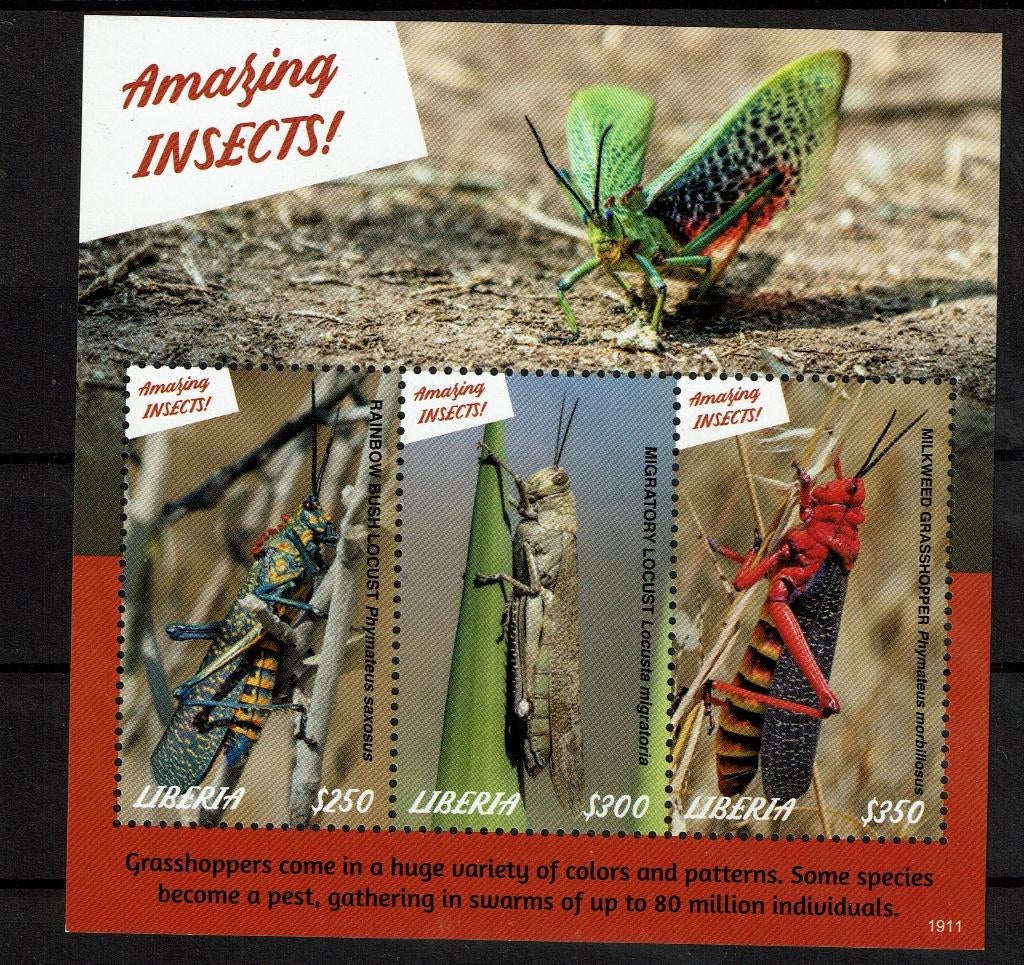 LIBERIA 2019 PF BLOK SPRINKHANEN INSECTEN INSECTS, Ophalen of Verzenden, Postfris, Dier of Natuur