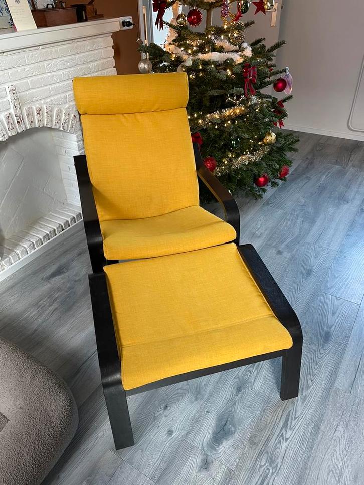 Ikea Poang fauteuil en voetenbank tegen elk aannemelijk bod!, Huis en Inrichting, Fauteuils, Gebruikt, 50 tot 75 cm, 75 tot 100 cm