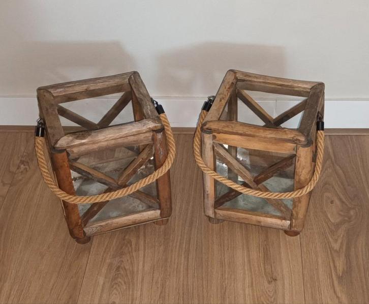 Set van 2 houten windlichten met touw, Antiek en Kunst, Antiek | Woonaccessoires, Ophalen