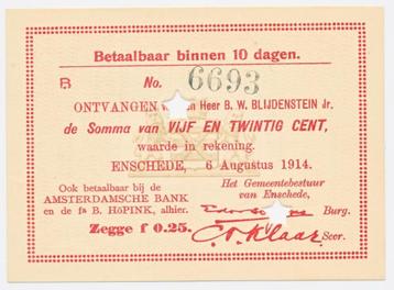 Enschede Noodgeld 25 cent 1914 UNC  beschikbaar voor biedingen