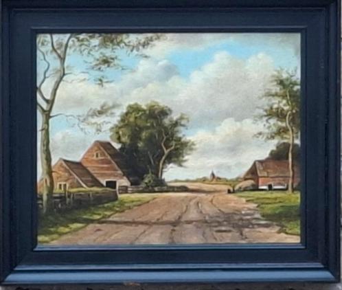 Idyllische Boerenhoeve.  Olie/paneel.  Ca 1900. 37/31 cm., Antiek en Kunst, Kunst | Schilderijen | Klassiek, Ophalen
