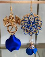 Asymmetrische blauw-gouden oorbellen rvs, Overige materialen, Hangers, Blauw, Nieuw