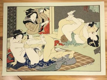 Antieke Japanse shunga houtblok prent beschikbaar voor biedingen