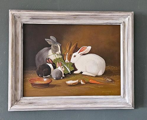 Jan van der Meer (1942-2024) Vijf konijntjes met blad kool, Antiek en Kunst, Kunst | Schilderijen | Klassiek, Ophalen of Verzenden