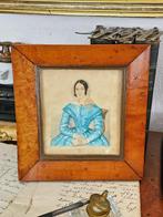Biedermeier schilderij portret / gouache wortelnoten lijst, Antiek en Kunst, Ophalen of Verzenden