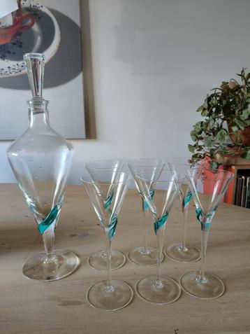 6 handgemaakte kristallen glazen + karaf  beschikbaar voor biedingen