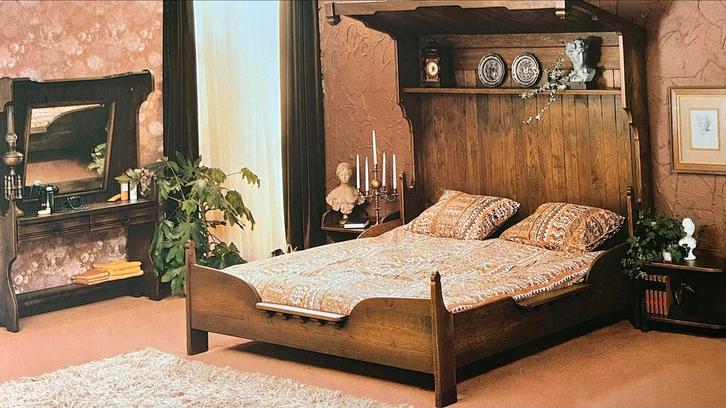 Unieke Eiken Slaapkamer Set: Hemelbed, Kaptafel & Meer, Huis en Inrichting, Slaapkamer | Bedden, Gebruikt, Tweepersoons, 140 cm