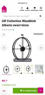 LW Collection klok Alberto zwart 62cm - Nieuw in doos, Ophalen, Nieuw, Analoog, Wandklok