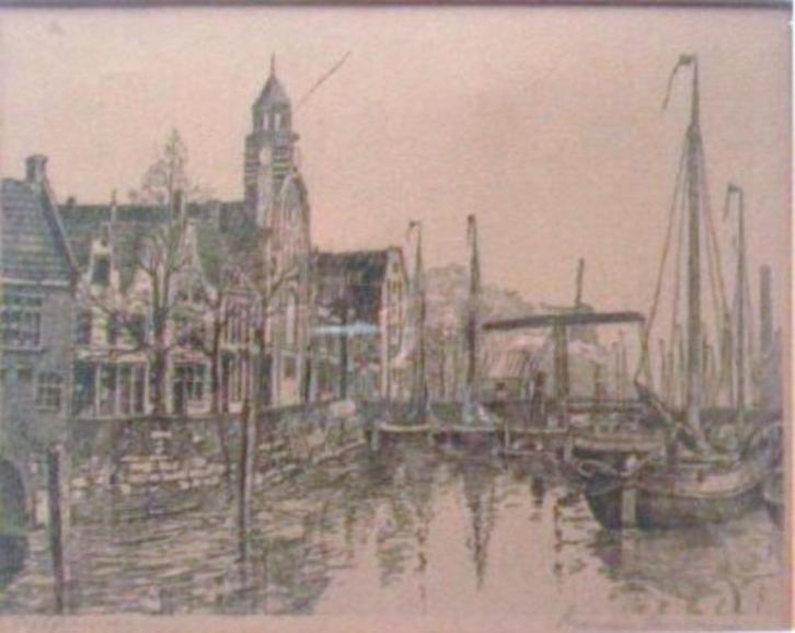 Marius Janssen.1885-1957.Delfshaven Rotterdam., Antiek en Kunst, Kunst | Etsen en Gravures, Ophalen of Verzenden