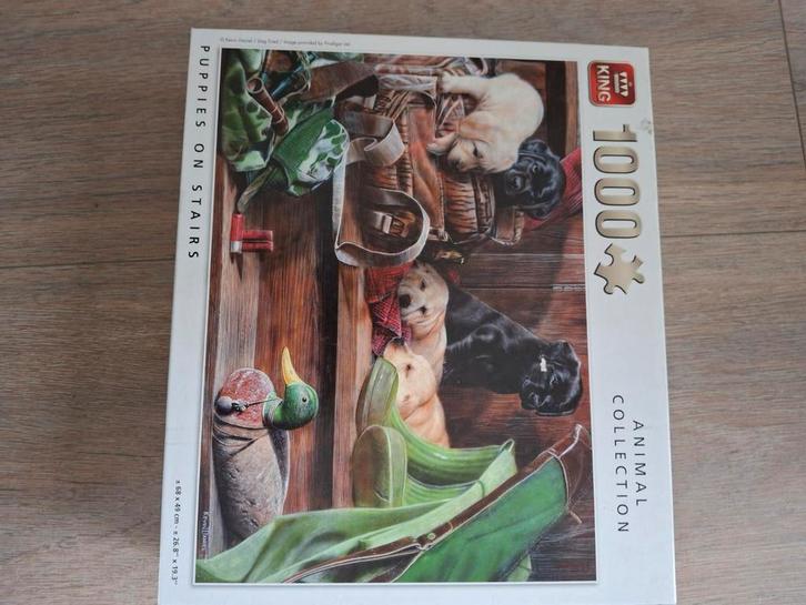 King Puzzel - Puppies on Stairs - 1000 stukjes, Hobby en Vrije tijd, Denksport en Puzzels, Zo goed als nieuw, Legpuzzel, 500 t/m 1500 stukjes