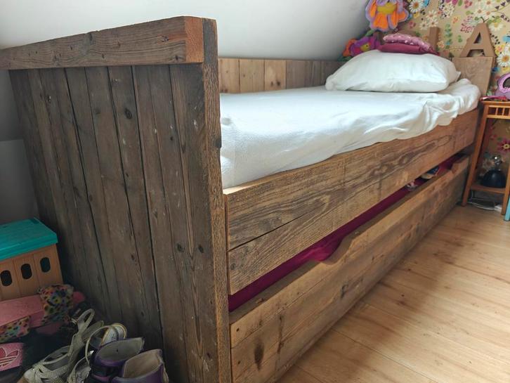 Steigerhouten Bed met Onderschuifbed, Kinderen en Baby's, Kinderkamer | Bedden, Gebruikt, 180 cm of meer, 85 tot 100 cm, Lattenbodem