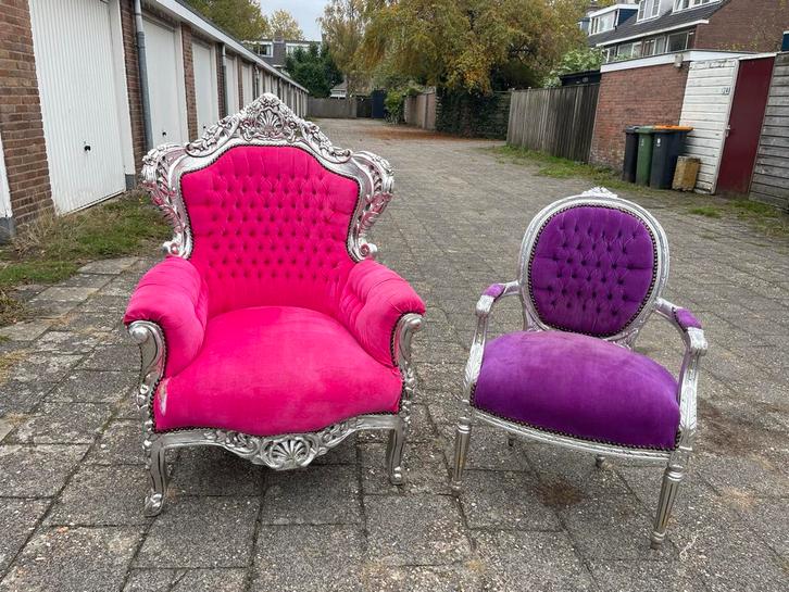 Roze en paarse Barok Fauteuil, Huis en Inrichting, Fauteuils, Gebruikt, Hout, 75 tot 100 cm, Minder dan 75 cm, Ophalen