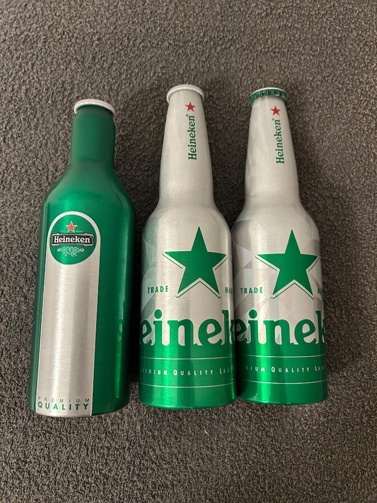3 Heineken aluminium flessen., Ophalen, Zo goed als nieuw, Flesje(s), Heineken