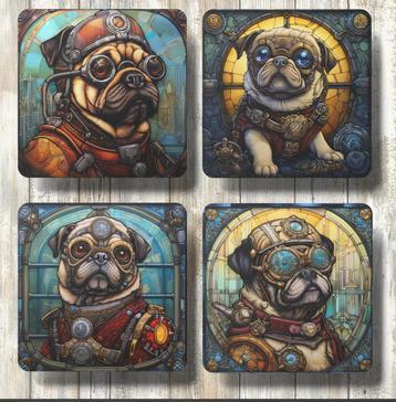 Mopshond Steampunk Glas in Lood onderzetters met houder beschikbaar voor biedingen