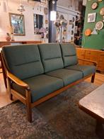 Vintage 3-zits teak bank opnieuw gestoffeerd groen bankstel, Ophalen, Hout, Unknown, 150 tot 200 cm