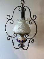 Vintage elektrische hanglamp van metaal met glazen kap, Ophalen, Gebruikt, Metaal