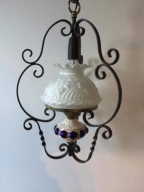 Vintage elektrische hanglamp van metaal met glazen kap, Huis en Inrichting, Lampen | Hanglampen, Gebruikt, Metaal, Ophalen