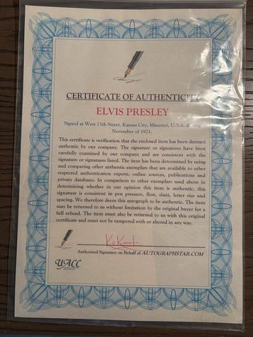 Elvis Presley Handtekening met Certificaat beschikbaar voor biedingen