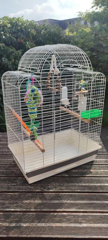 Witte vogelkooi met accessoires beschikbaar voor biedingen