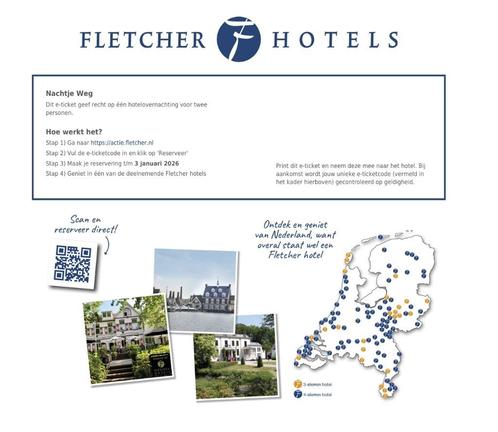 Fletcher Hotel e-codes, Tickets en Kaartjes, Hotelbonnen, Twee personen, 1 overnachting