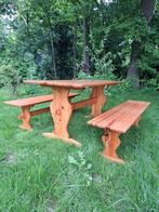 Vintage grenen eettafel met 2 bankjes jaren 70 picknicktafel, Gebruikt, Vijf personen of meer, Rechthoekig, 50 tot 100 cm