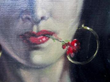 PORTRET== vrouw met bloem tussen de lippen ==gesigneerd beschikbaar voor biedingen