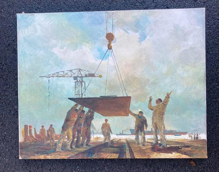 Reint de Jonge olieverf havengezicht Amsterdam, Antiek en Kunst, Kunst | Schilderijen | Modern, Ophalen of Verzenden